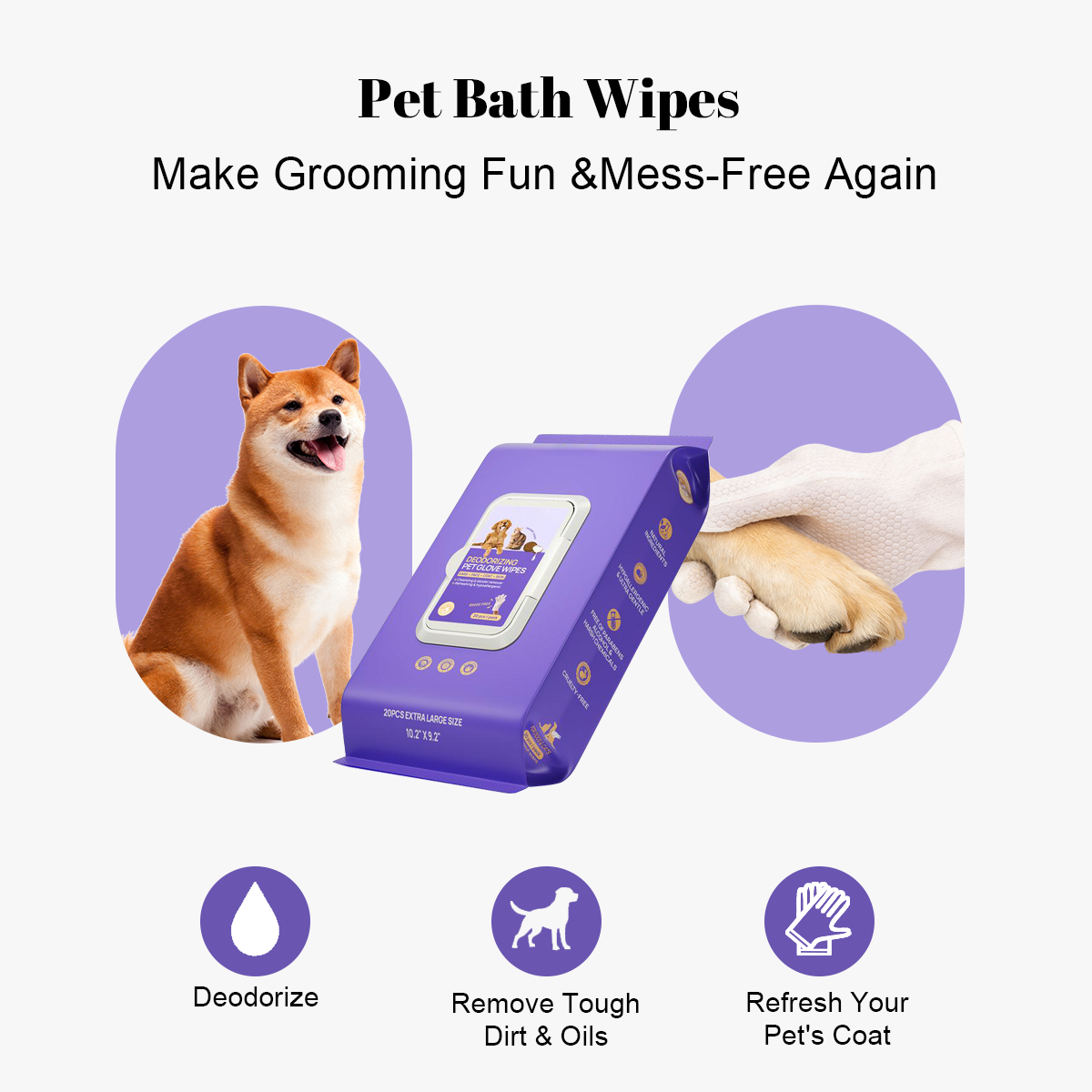 Pet Cleaning Glove Wipes: No-Rinse Waterless Bath (6/12/20 Pack)