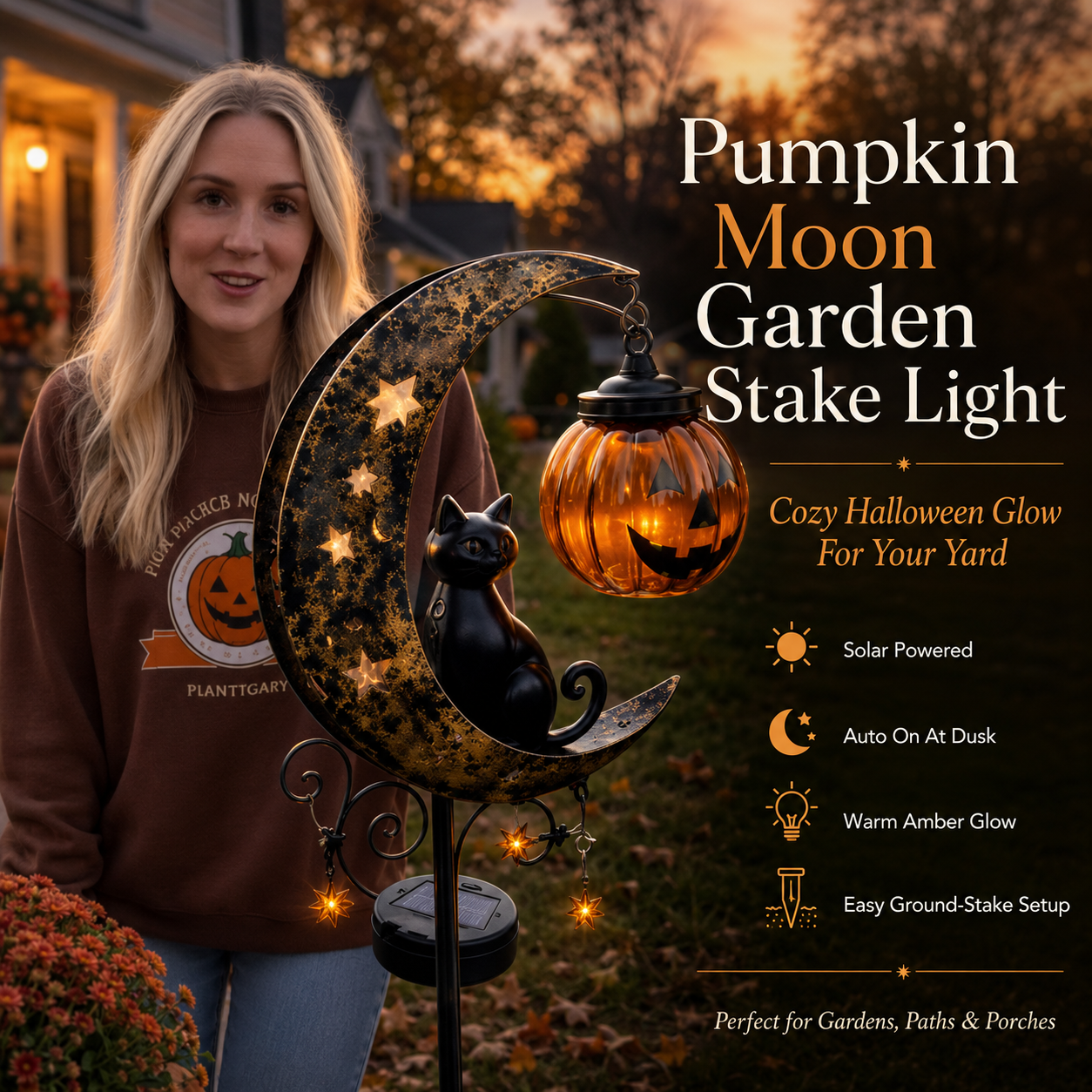 🎃 Solar Black Cat & Pumpkin Moon Stake Light