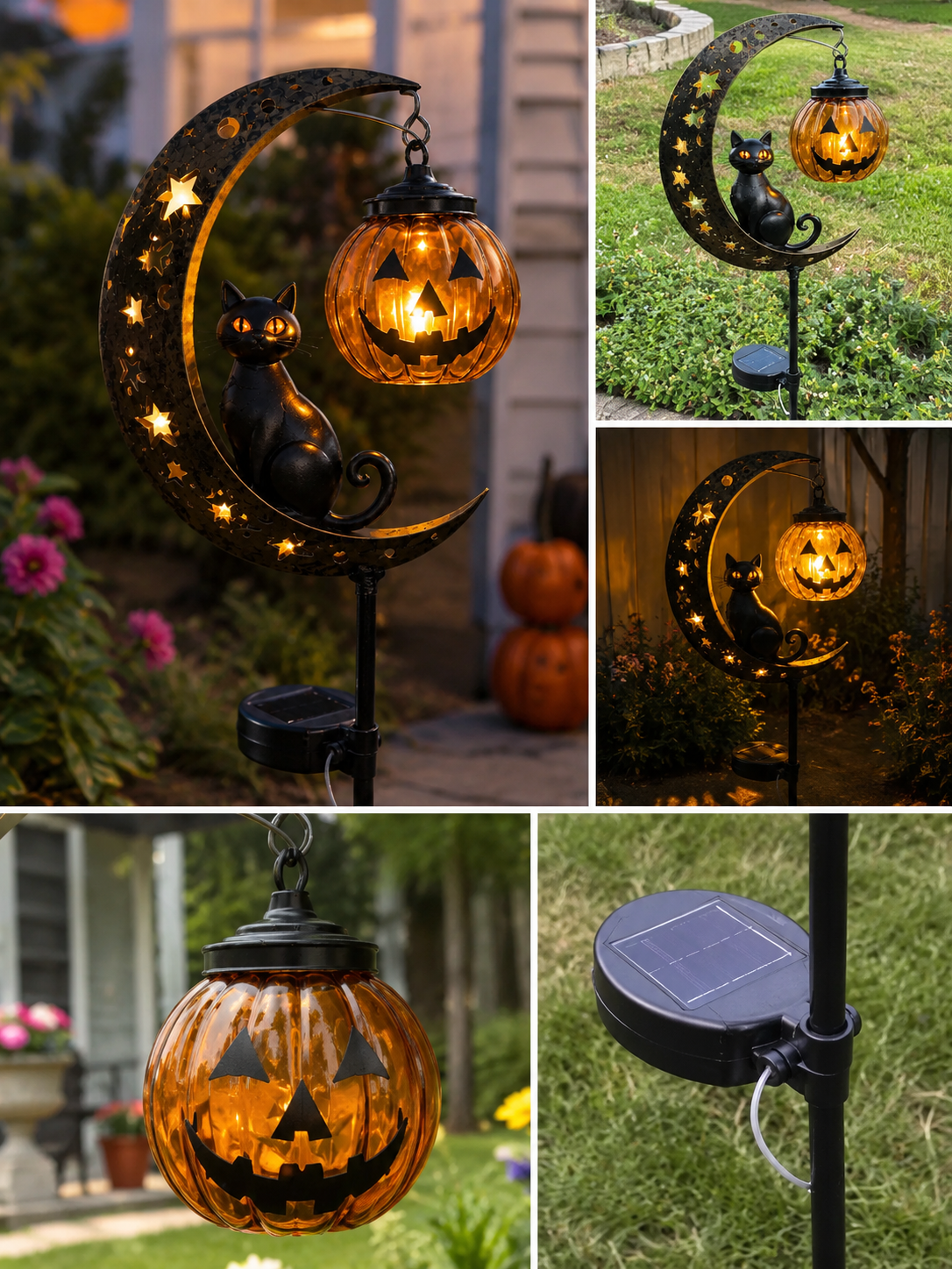 🎃 Solar Black Cat & Pumpkin Moon Stake Light