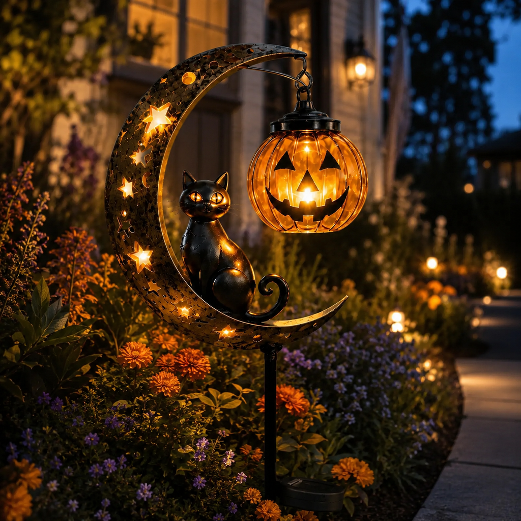 🎃 Solar Black Cat & Pumpkin Moon Stake Light