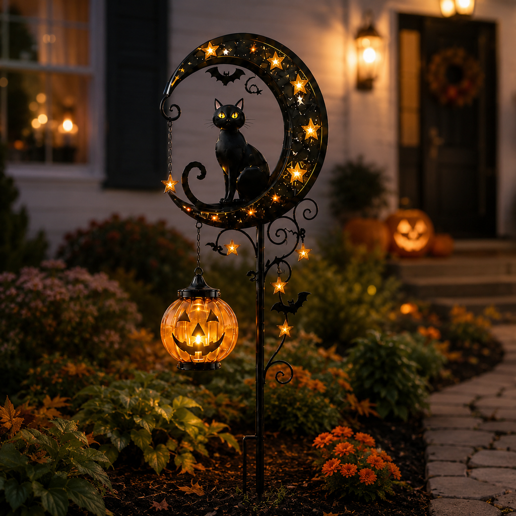 🎃 Solar Black Cat & Pumpkin Moon Stake Light