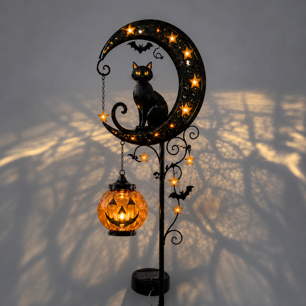 🎃 Solar Black Cat & Pumpkin Moon Stake Light