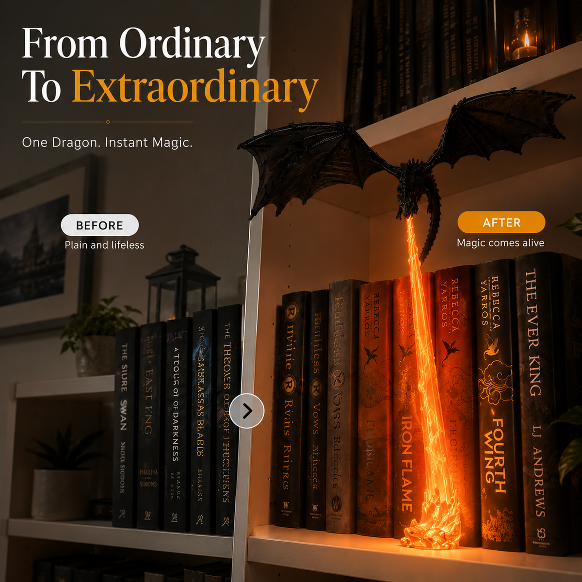 🐉 Fire-Breathing Dragon Bookshelf Decor Lamp + LED Flame Light Kit