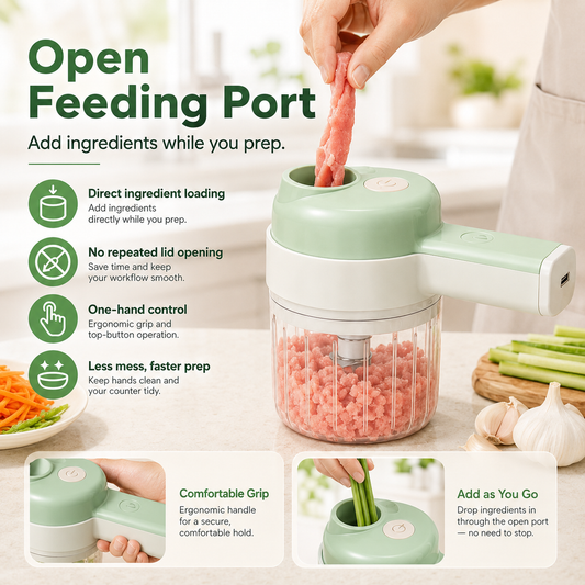 4‑in‑1 Handheld Electric Food Chopper‑ USB Rechargeable Mini Blender with Open Feeding Port