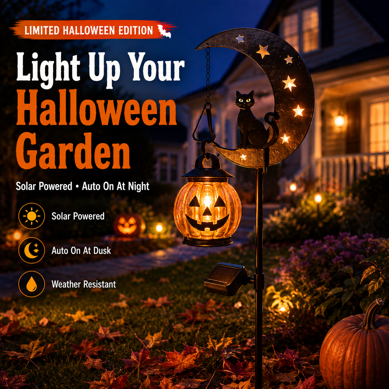 🎃 Solar Black Cat & Pumpkin Moon Stake Light