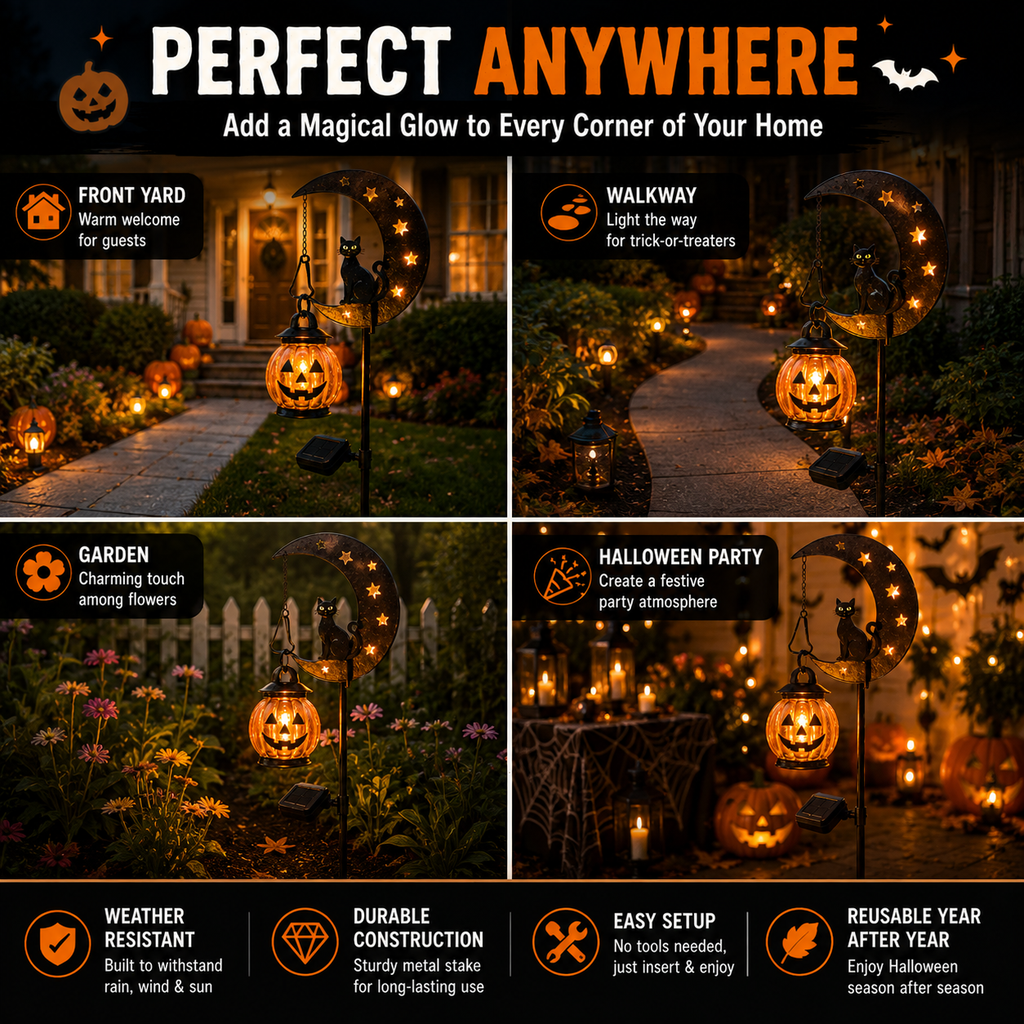 🎃 Solar Black Cat & Pumpkin Moon Stake Light