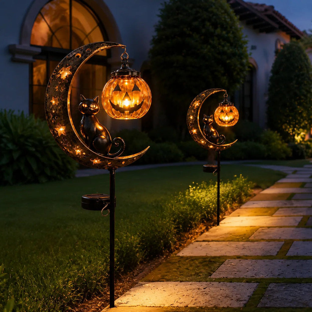 🎃 Solar Black Cat & Pumpkin Moon Stake Light