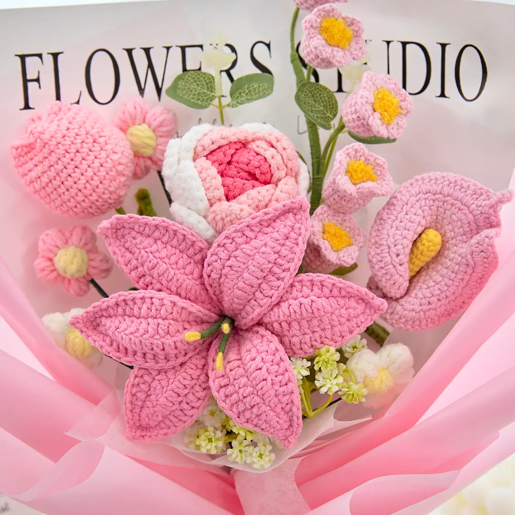 Mother’s Day Gift🌺 Pink Crochet Lily Rose Tulip Bouquet